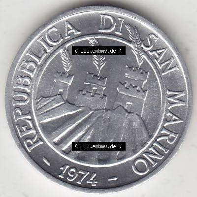 Bildmaterial Münzensatz / KMS 1974 aus San Marino 1974-1974, 1 Lire, 1 Lira, L.1 MINGUZZI MONASSI INC.. Vorderseite einer Umlaufmünze aus 1974 REPUBBLICA... Sammlung