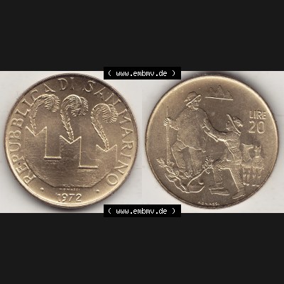 Bildmaterial Münzensatz / KMS 1972 aus San Marino 1972-1972, 20 Lire, 1972, MONASSI REPUBBLICA DI SAN MARINO. Vorderseite und Rückseite einer Umlaufmünze aus... Sammlung