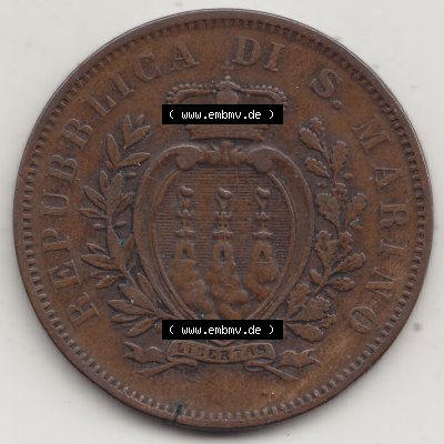 Bildmaterial Münzen aus San Marino vor 1900, 1875-1894, 10 Centesimi, Cent-Wert, 1875-1, GORI LIBERTAS REPUBBLICA DI S. MARINO, 10 CENTESIMI. Vorderseite... Sammlung