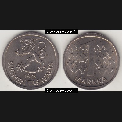 Alte Münzen KMS Finnland, Kursmünzensatz 1976 in Stempelglanz 1969-1993, 1 Finnische Mark, Markka 1976-1, SUOMEN TASAVALTA. Vorderseite und Rückseite zusammengefügt... Sammlung