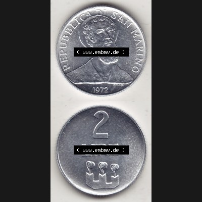 Bildmaterial Münzensatz / KMS 1972 aus San Marino 1972-1972, 2 Lire 1972, 2 LIRE MONASSI REPUBBLICA DI SAN MARINO. Vorderseite und Rückseite einer Umlaufmünze mit... Sammlung