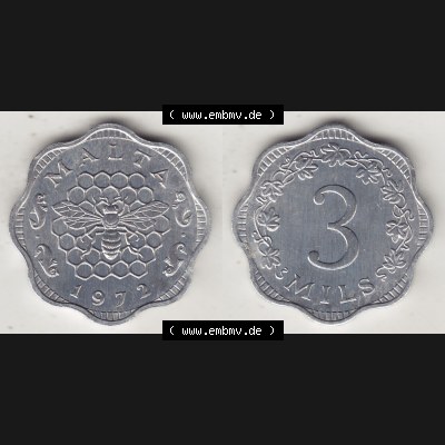 Bildmaterial Münzensatz / KMS 1972 aus Malta 1972-2006, 3 Mils 1972-1, MALTA 3 MILS. Vorderseite und Rückseite als horizontales Bildmaterial für Computer-Grafiker... Sammlung