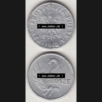Münzen Polen KMS, Kursmünzensatz 1949-1949, Republik Polen 2 Grosze, Groschen, Aluminium 1949-1. Vorderseite und Rückseite vertikal, untereinander mit... Sammlung