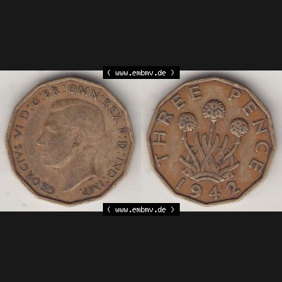 Alte Münzen Großbritannien Umlaufmünze 1937-1948, 3 Pence, Three Pence 1942-1, George VI, GEORGIVS VI D G BR OMN REX F D IND IMP. Vorderseite und Rückseite... Sammlung