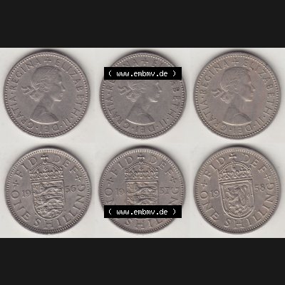 Alte Münzen Großbritannien Umlaufmünze One Shilling, 1 Schilling 1956, 1957, 1958. Ein Satz alter Münzen aus Großbritannien als Motiv vom digitalen Bild... Sammlung
