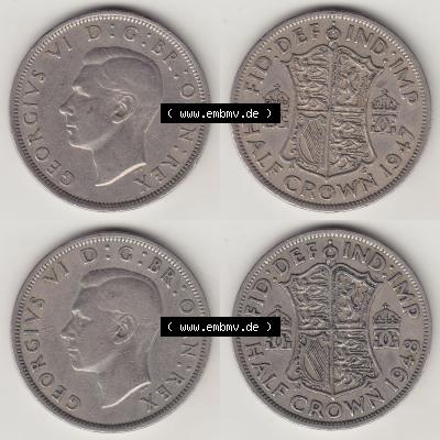 Alte Münzen Großbritannien Umlaufmünze 1947-1948, 1/2 Krone, Half Crown 1947 und 1948 Bild-Version 1/2, George VI, FID DEF IND IMP HALF CROWN. Ein... Sammlung