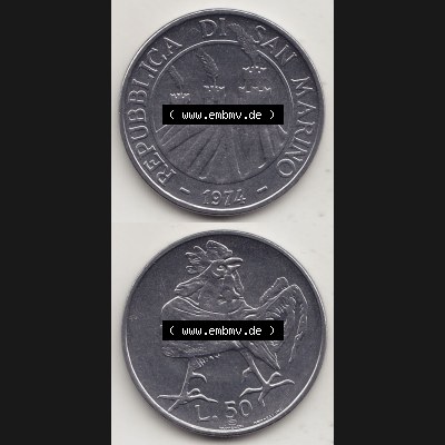 Bildmaterial Münzensatz / KMS 1974 aus San Marino 1974-1974, 50 Lire, L.50 MINGUZZI MONASSI INC.. Vorderseite und Rückseite als vertikales untereinander zusammengefügte... Sammlung