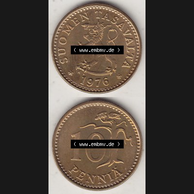 Alte Münzen KMS Finnland, Kursmünzensatz 1976 in Stempelglanz 1963-1982, 10 Penny, Penniä 1976-1, SUOMEN TASAVALTA. Vorderseite und Rückseite vertikal... Sammlung