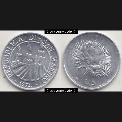 Bildmaterial Münzensatz / KMS 1974 aus San Marino 1974-1974, 5 Lire, L.5 MINGUZZI MONASSI INC.. Vorderseite und Rückseite als horizontales Bildmaterial für... Sammlung