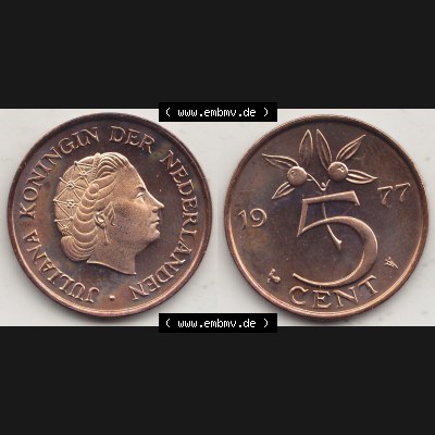Alte Münzen KMS Niederlande, Kursmünzensatz 1977, 1950-1980, 5 Cent, 1977-1, JULIANA KONINGIN DER NEDERLANDEN. Digitales Bild / Bildmaterial mit Vorderseite... Sammlung