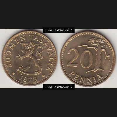 Alte Münzen KMS Finnland, Kursmünzensatz 1978 in Stempelglanz 1963-1990, 20 Penny, 1978-1. Digitales Bild / Bildmaterial mit Vorderseite und Rückseite einer... Sammlung