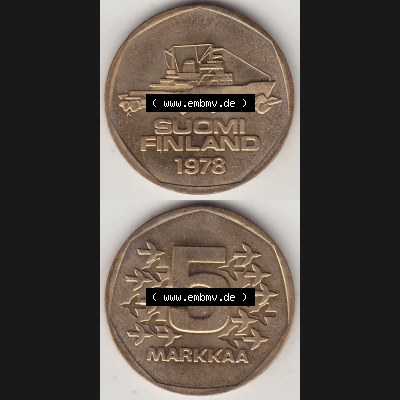 Alte Münzen KMS Finnland, Kursmünzensatz 1978 in Stempelglanz 1972-1978, 5 finnische Mark, Markkaa, 1978-1. Digitales Bild / Bildmaterial für IPhone und... Sammlung