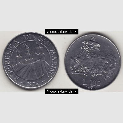 Bildmaterial Münzensatz / KMS 1974 aus San Marino 1974-1974, 100 Lire, L.100 MINGUZZI MONASSI INC.. Vorderseite und Rückseite als horizontales Bildmaterial... Sammlung