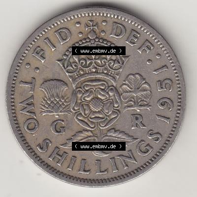 Alte Münzen Großbritannien Umlaufmünze 1949-1951, 2 Schilling, Shillings (Florin) 1951-2, George VI, GEORGIVS VI DG BR OMN REX, FID DEF TWO SHILLINGS.... Sammlung