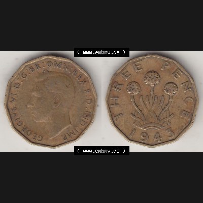 Alte Münzen Großbritannien Umlaufmünze 1937-1948, 3 Pence, Three Pence 1943-1, George VI, GEORGIVS VI D G BR OMN REX F D IND IMP. Vorderseite und Rückseite... Sammlung