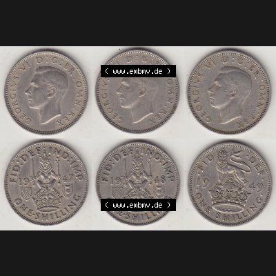 Alte Münzen Großbritannien Umlaufmünze One Shilling, 1 Schilling 1947, 1948, 1949. Ein Satz alter Münzen aus Großbritannien als Motiv vom digitalen Bild... Sammlung