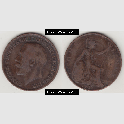 Alte Münzen Großbritannien Umlaufmünze 1911-1926, 1 Penny, One Penny, 1917-1, B.M. GEORGIVS V DEI GRA BRITT OMN REX FID DEF IND IMP. Vorderseite... Sammlung