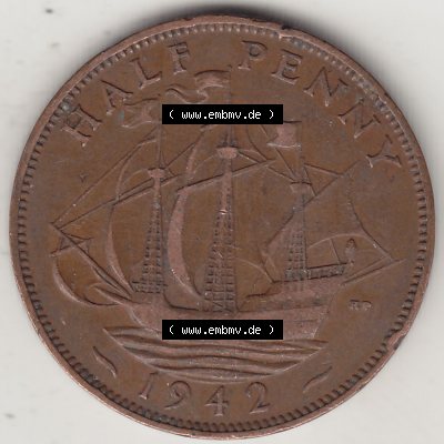 Alte Münzen Großbritannien Umlaufmünze 1937-1948, Half Penny, 1942-1, George VI, HALF PENNY HP, Segelschiff. Rückseite der alten britischen Münze... Sammlung
