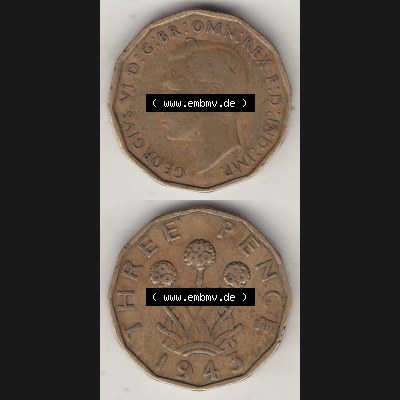 Alte Münzen Großbritannien Umlaufmünze 1937-1948, 3 Pence, Three Pence 1943-1, George VI, GEORGIVS VI D G BR OMN REX F D IND IMP. Vorderseite und Rückseite... Sammlung