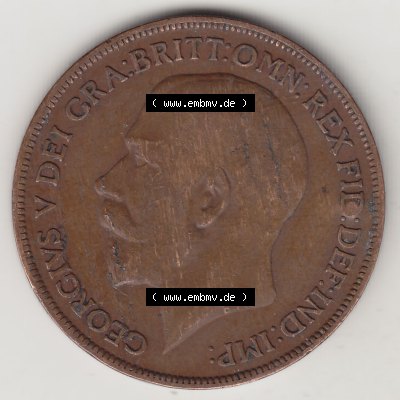 Alte Münzen Großbritannien Umlaufmünze 1911-1926, 1 Penny, One Penny, 1921-1, B.M. GEORGIVS V DEI GRA BRITT OMN REX FID DEF IND IMP. Vorderseite... Sammlung