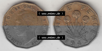 Alte Münzen Großbritannien Umlaufmünze 1937-1948, 3 Pence, Three Pence 1943 (Stück 1), George VI, GEORGIVS VI D G BR OMN REX... Sammlung