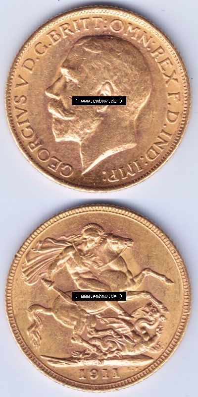 Alte Goldmünzen Großbritannien Gold-Münze 1911-1927, 1 Pfund Sovereign. Vorderseite und Rückseite vertikal untereinander auf... Sammlung