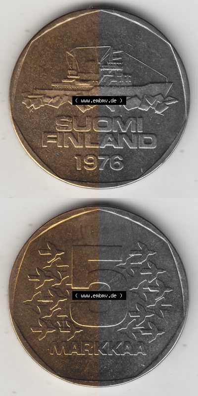 Alte Münzen KMS Finnland, Kursmünzensatz 1976 in Stempelglanz 1972-1978, 5 Finnische Mark, Markkaa 1976 (Stück 1), SUOMI FINLAND.... Sammlung