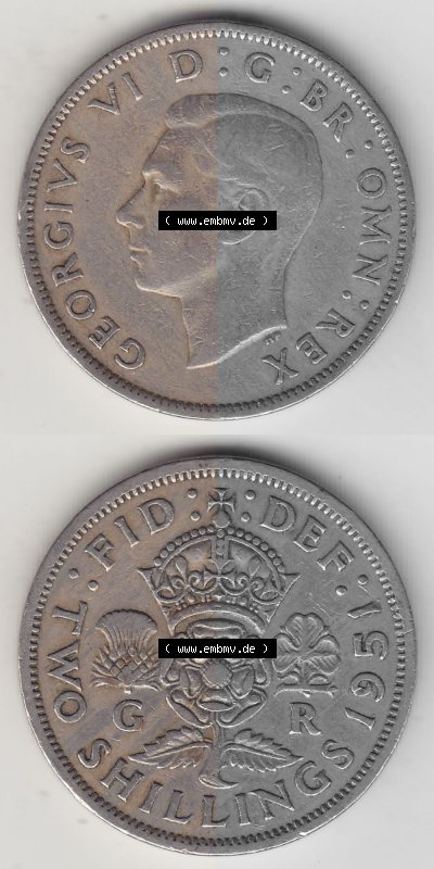 Alte Münzen Großbritannien Umlaufmünze 1949-1951, 2 Schilling, Shillings (Florin) 1951 (Stück 3), George VI, GEORGIVS VI DG... Sammlung