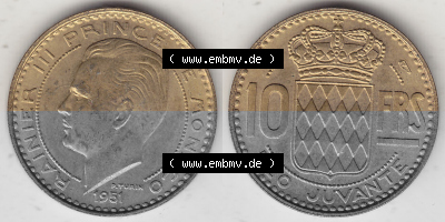 Alte Münzen Monaco Umlaufmünze Vollansicht 1950-1951, 10 Franken - FRS, Francs, 1951 (Stück 1), P. TURIN RAINIER III PRINCE... Sammlung