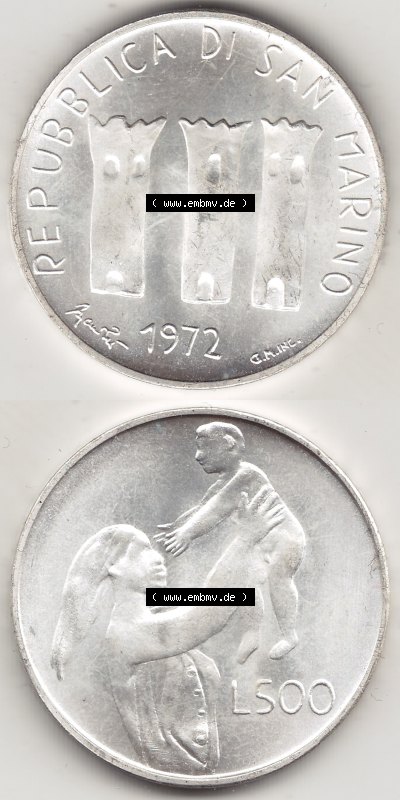 Bildmaterial Münzensatz / KMS 1972 aus San Marino 1972-1972, 500 Lire 1972 L. 500 REPUBBLICA DI SAN MARINO, Silbermünze. Vorderseite... Sammlung