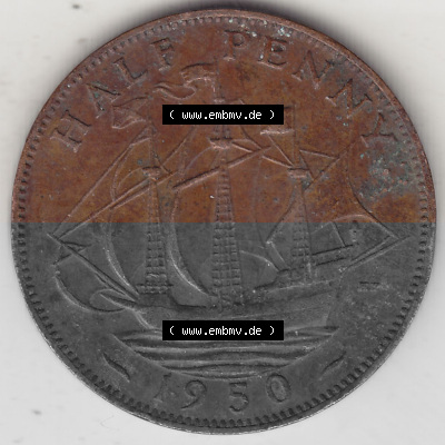 Alte Münzen Großbritannien Umlaufmünze 1949-1952, Half Penny, 1950 (Stück 1), George VI, HALF PENNY HP, Segelschiff. Rückseite... Sammlung
