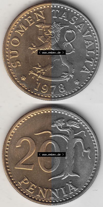 Alte Münzen KMS Finnland, Kursmünzensatz 1978 in Stempelglanz 1963-1990, 20 Penny, 1978 (Stück 1). Digitales Bild / Bildmaterial... Sammlung