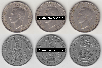 Alte Münzen Großbritannien Umlaufmünze One Shilling, 1 Schilling 1947, 1948, 1949. Ein Satz alter Münzen aus Großbritannien... Sammlung