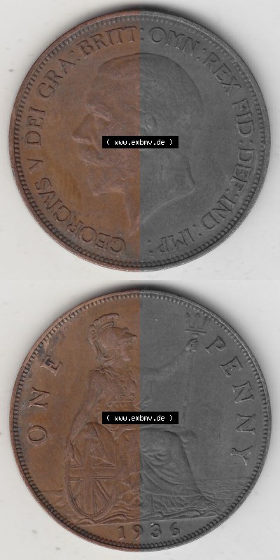 Münzen Großbritannien Umlaufmünze 1928-1936, 1 One Penny, 1936 (Stück 3), George V. BM GEORGIVS V DEI GRABRITTOMNREX FIDDEFINDIMP.... Sammlung