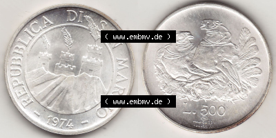 500 Lire Silbermünze 1974 aus San Marino, wertvolle Edelmetallmünze Münze in Silber Sammlung
