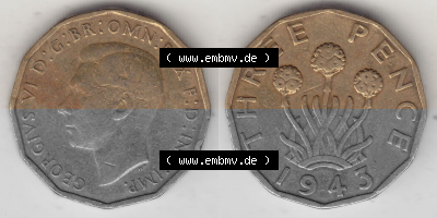Alte Münzen Großbritannien Umlaufmünze 1937-1948, 3 Pence, Three Pence 1943 (Stück 2), George VI, GEORGIVS VI D G BR OMN REX... Sammlung