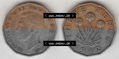 Alte Münzen Großbritannien Umlaufmünze 1937-1948, 3 Pence, Three Pence 1942 (Stück 1), George VI, GEORGIVS VI D G BR OMN REX... Sammlung