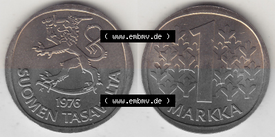 Alte Münzen KMS Finnland, Kursmünzensatz 1976 in Stempelglanz 1969-1993, 1 Finnische Mark, Markka 1976 (Stück 1), SUOMEN TASAVALTA.... Sammlung