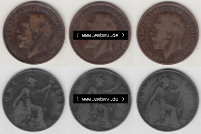 Alte Münzen Großbritannien Umlaufmünze 1912-1918, 1912, 1917, 1918 One Penny, 1 Penny George V. Ein Satz alter Münzen aus... Sammlung