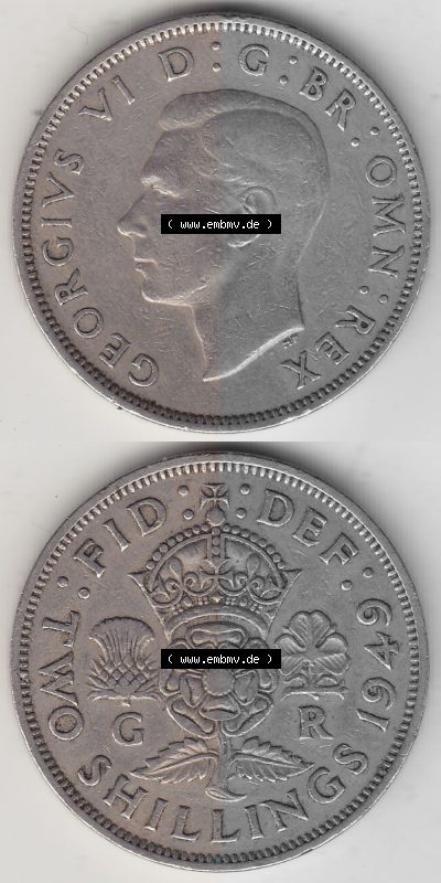 Alte Münzen Großbritannien Umlaufmünze 1949-1951, 2 Schilling, Shillings (Florin) 1949 (Stück 1), George VI, GEORGIVS VI DG... Sammlung