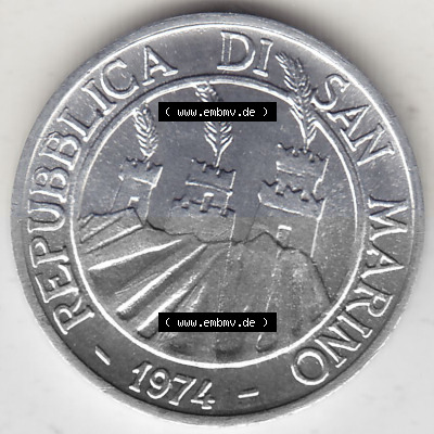 Bildmaterial Münzensatz / KMS 1974 aus San Marino 1974-1974, 1 Lire, 1 Lira, L.1 MINGUZZI MONASSI INC.. Vorderseite einer Umlaufmünze... Sammlung
