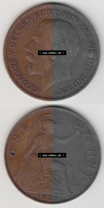 Alte Münzen Großbritannien Umlaufmünze 1911-1926, 1 Penny, One Penny, 1921 (Stück 1), B.M. GEORGIVS V DEI GRA BRITT OMN REX... Sammlung