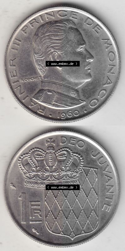 Alte Münzen Monaco Umlaufmünze Vollansicht 1960-1995, 1 Franken, Francs 1960 (Stück 1), RAINIER III PRINCE DE MONACO R. COCHET,... Sammlung