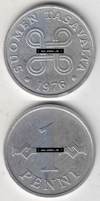Alte Münzen KMS Finnland, Kursmünzensatz 1976 in Stempelglanz 1969-1979, 1 Penny, Penni 1976 (Stück 1), SUOMEN TASAVALTA. Vorderseite... Sammlung