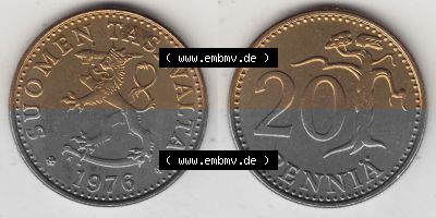 Alte Münzen KMS Finnland, Kursmünzensatz 1976 in Stempelglanz 1963-1990, 20 Penny Penniä 1976 (Stück 1), SUOMEN TASAVALTA.... Sammlung