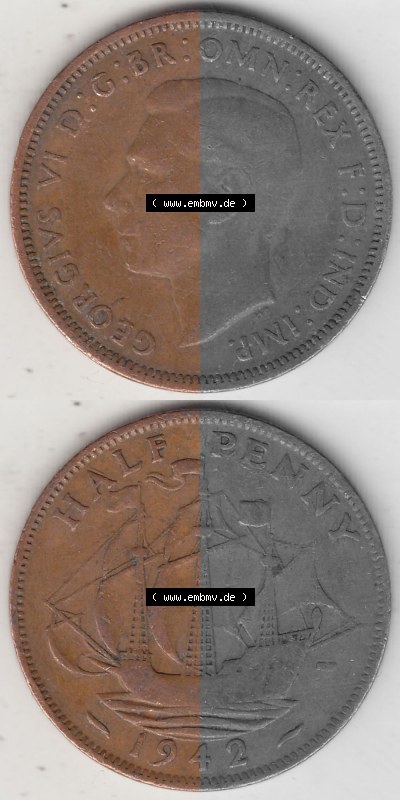 Alte Münzen Großbritannien Umlaufmünze 1937-1948, Half Penny, 1942 (Stück 2), George VI, HALF PENNY HP, Segelschiff. Vorderseite... Sammlung
