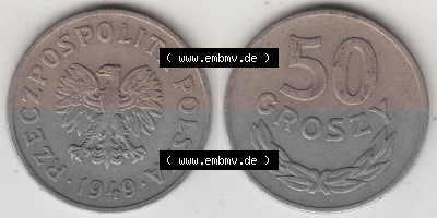 1949-1949, Republik Polen 50 Groszy, Groschen, Kupfer 1949 Sammlung