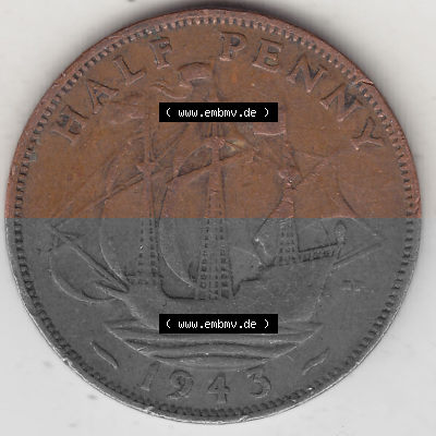 Alte Münzen Großbritannien Umlaufmünze 1937-1948, Half Penny, 1943 (Stück 1), George VI, HALF PENNY HP, Segelschiff. Rückseite... Sammlung
