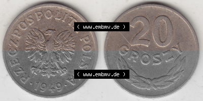 1949-1949, Republik Polen 20 Groszy, Groschen, Kupfer 1949 Sammlung