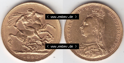 Alte Goldmünzen Großbritannien Gold-Münze 1887-1892, 1 Pfund Sovereign 1892. Vorderseite und Rückseite horizontal auf einen... Sammlung